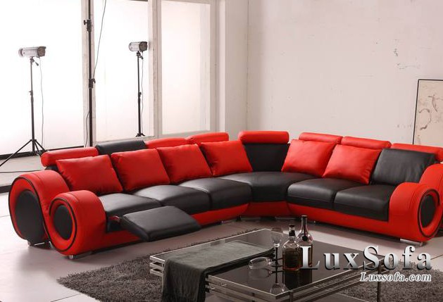 Sofa da góc hai màu đen đỏ SD23